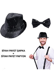 Ethab Ti̇caret Si̇yah Payetli̇ Şapka Ve Papyon Seti̇ – Parıltılı Yeti̇şki̇n Kostüm Seti̇