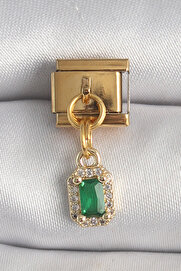 Evi̇mdeyokyok 316L Çeli̇k Gold Renk Sallantı Kare Yeşi̇l Zi̇rkon Taşlı Nomi̇nati̇on Charm Tj-Bc1352