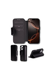 gizmurstore Apple iPhone 16 Pro uyumlu, Hakiki Deri, El Yapımı, Cüzdanlı Kılıf, Parlak Siyah