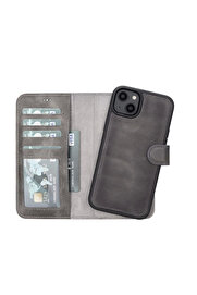 gizmurstore Apple iPhone 14 Plus Uyumlu Deri Cüzdanlı Kılıf MWWN VS4EF Gri