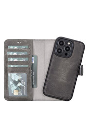 gizmurstore Apple iPhone 14 Pro Uyumlu Deri Cüzdanlı Kılıf MWWN VS4EF Gri