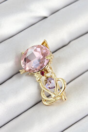 Evimdeyokyok Pembe Zirkon Taşlı Kap Detaylı Kedi Figürlü Gold Renk Kadın Broş Tj-Br447