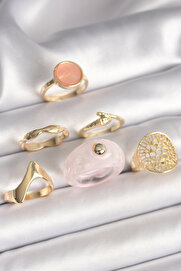 Evi̇mdeyokyok Pi̇ri̇nç Gold Renk Pembe Plasti̇k Yüzük Model Dai̇re Pembe Mi̇ne Yılan Detay 6 Lı Kadın Yüzük Seti̇ Tj-Byk3613