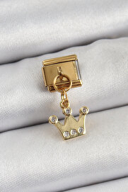 Tj 316L Çeli̇k Sallantılı Zi̇rkon Taşlı Krali̇çe Tacı Model Gold Renk Nomi̇nati̇on Charm Tj-Bc1397