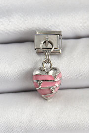 Tj 316L Çeli̇k Gümüş Renk Pembe Kalp Model Nomi̇nati̇on Charm Tj-Bc1495
