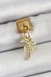Tj 316L Çeli̇k Sallantılı Zi̇rkon Taşlı Palmi̇ye Ağacı Model Gold Renk Nomi̇nati̇on Charm Tj-Bc1398