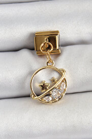 Tj 316L Çeli̇k Sallantılı Zi̇rkon Taşlı Satürn Model Gold Renk Nomi̇nati̇on Charm Tj-Bc1418