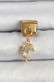 Tj 316L Çeli̇k Sallantılı Zi̇rkon Taşlı Yunus Balığı Model Gold Renk Nomi̇nati̇on Charm Tj-Bc1407