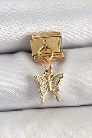 Tj 316L Çeli̇k Sallantılı Zi̇rkon Taşlı Model Gold Renk Nomi̇nati̇on Charm Tj-Bc1414