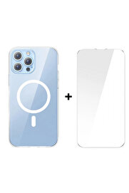 CepteToptan Crystal iPhone 13 Pro Magsafe SilikonUyumlu Kılıf + Tempered Ekran Koruyucu Set-(190  DROPX6596-7442