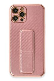 CepteToptan iPhone 12 Pro Kılıf Coco Karbon Standlı Kapak - Pembe - DROPX5039-6242
