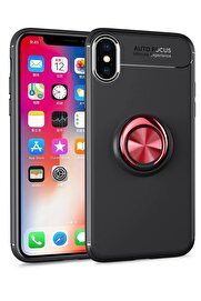 CepteToptan iPhone XS Max Kılıf Range Yüzüklü Silikon - Siyah-Kırmızı - DROPX7259-9848