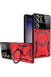 CepteToptan Samsung Galaxy S25 Ultra Kılıf Joy Lens Standlı Kapak - Kırmızı - DROPX6283-5963