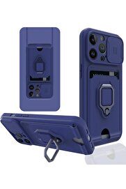 CepteToptan iPhone 14 Pro Kılıf Zuma Kartvizitli Yüzüklü Silikon - Lacivert - DROPX8538-8715