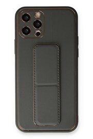 CepteToptan iPhone 12 Pro Kılıf Coco Deri Standlı Kapak - Füme - DROPX5385-1528