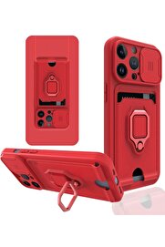 CepteToptan iPhone 13 Pro Kılıf Zuma Kartvizitli Yüzüklü Silikon - Kırmızı - DROPX5848-9666