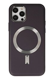 CepteToptan iPhone 12 Pro Max Kılıf Coco Deri Magneticsafe Silikon - Derin Mor - DROPX1525-7106
