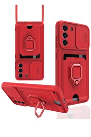 CepteToptan Samsung Galaxy S21 FE Kılıf Zuma Kartvizitli Yüzüklü Silikon - Kırmızı - DROPX9886-8167