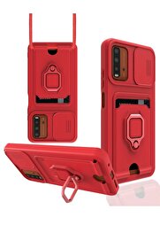 CepteToptan Xiaomi Redmi 9T Kılıf Zuma Kartvizitli Yüzüklü Silikon - Kırmızı - DROPX8003-1875