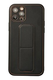 CepteToptan iPhone 12 Pro Kılıf Coco Deri Standlı Kapak - Siyah - DROPX3221-3926