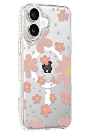 CepteToptan Apple iPhone 16 Floral Magsafe Kapak - Pembe - DROPX4532-8624