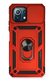 CepteToptan Xiaomi Mİ 11 Lite Kılıf Pars Lens Yüzüklü Silikon - Kırmızı - DROPX5884-6618