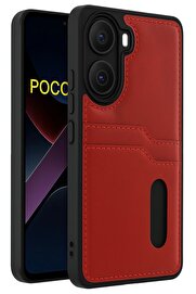 CepteToptan Xiaomi Poco X7 Pro Kılıf Sara Kartvizitli Deri Kılıf - Kırmızı - DROPX2597-1458