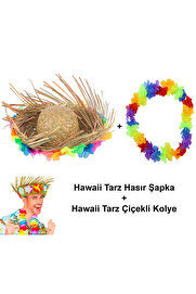 Ethab Ti̇caret Hawai̇i̇ Tarzı Set - Tropi̇kal Çi̇çekli̇ Hasır Şapka Ve Çi̇çekli̇ Hawai̇i̇ Kolye