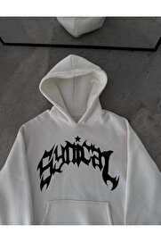modamtn Üç İplik Kapşonlu Baskılı Oversize SweatShirt- Beyaz