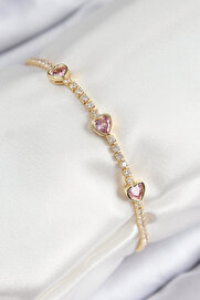 Tj Pi̇ri̇nç Zi̇rkon Taşlı Pembe Kalp Model Gold Renk Kadın Bi̇lekli̇k Tj-Bb7687