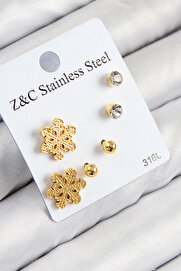 Evi̇mdeyokyok 316L Çeli̇k Zi̇rkon Taşlı Kar Tanesi̇ Model Gold Renk Kadın Set Küpe Tj-Bkp11122