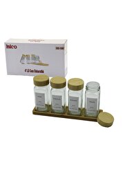 Go İthalat 4Pcs Bambu Kapaklı Cam Tuzluk - Bi̇berli̇k - Baharatlık 120Ml (5258)