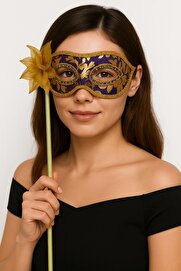 Go İthalat Lüks Taşlı Saplı Maskeli̇ Balo Maskesi̇ Mor Renk 35 Cm (5258)