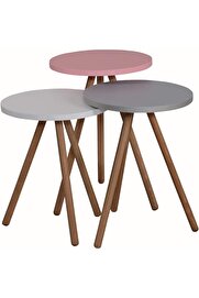 STOREMAX Renkli Üçlü Zigon Sehpa Ahşap Ayaklı Yuvarlak Pastel Tasarım Pembe Beyaz Gri 1014773