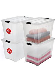 STOREMAX Ohyama Kapaklı Saklama Kutuları, 60L, 4'lü Set, Şeffaf, Güvenli Tokalar, İstiflenebilir, Çekme