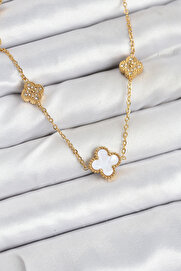 Brocksco 316L Çelik Zincir Gold Renk Beyaz Ve Zirkon Taşlı Yonca Kadın Kolye