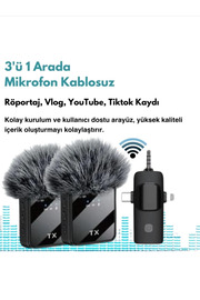 gizmurstore Yüksek Kalite Profesyonel 3 In 1 Kablosuz Taşınabilir Yaka Mikrofonu Tüylü