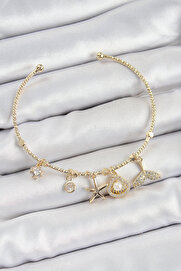 Toptan Bulurum Pirinç Zirkon Taşlı İstiridye Ve Deniz Yıldızı Model Gold Renk Charm Bileklik