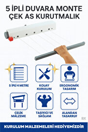 Eco Lounge Ergonomik Çamaşırlık 5 Metre 5 İp, Kaliteli İpler, Önce Çek Sonra Sabitle, Kurulum Dahil