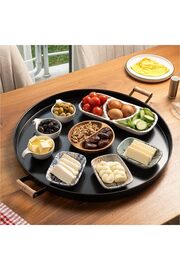 STOREMAX buyflair Metal 51Cm Ahşap Kulplu Siyah Metal Tepsi Yuvarlak Çay Tepsisi Sunum Tepsisi Tahta Kulplu B