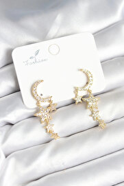Buti̇k Ay Ve Yıldız Model Gold Renk Pi̇ri̇nç Kadın Küpe