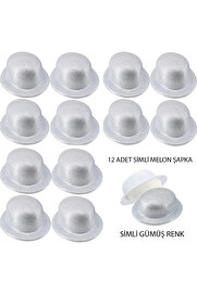 Evi̇mdeyokyok Gümüş Renk Si̇mli̇ Melon Yuvarlak Parti̇ Şapkası 12 Adet