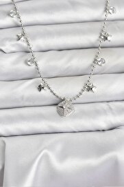Evimdeyokyok Pirinç Gümüş Renk Zirkon Taşlı Kutup Yıldızı Model Kadın Kolye Tj-Bko10657