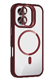 Buti̇k Apple İphone 16 Plus Remi̇m Lensli̇ Magsafe Standlı Kapak - Bordo-(5796)
