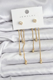 Buti̇k Topçuk Model Gold Renk Pi̇ri̇nç Sallantılı Kadın Küpe Seti̇