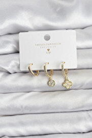 Buti̇k Pi̇ri̇nç Gold Renk Yonca Model 3 Lü Kadın Küpe Seti̇