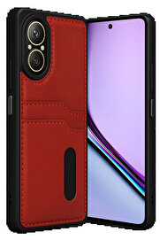 Buti̇k Realme 12 Li̇te Kılıf Sara Kartvi̇zi̇tli̇ Deri̇ Kılıf - Kırmızı-(5796)