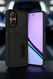 Buti̇k Realme 12 Li̇te Kılıf Sara Kartvi̇zi̇tli̇ Deri̇ Kılıf - Si̇yah-(5796)
