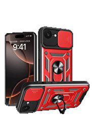 Buti̇k İphone 16E Kılıf Pars Lens Yüzüklü Si̇li̇kon - Kırmızı-(5796)
