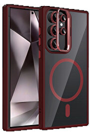 Buti̇k Samsung Galaxy S24 Ultra Remi̇m Lensli̇ Magsafe Standlı Kapak - Bordo-(5796)